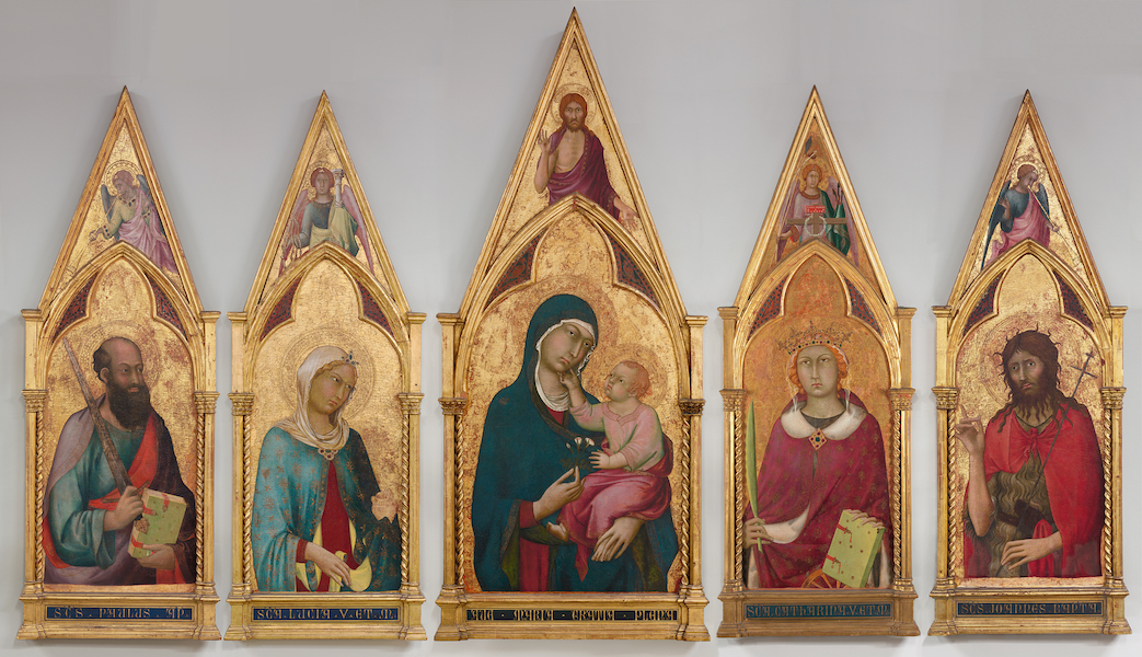 Simone Martini (c. 1284-1344, Italy), ‘Virgin and Child with Saints,’ about 1320. Gold and tempera on panel, 131 by 274.3cm (51 9/16 by 108in.). Isabella Stewart Gardner Museum, Boston. 