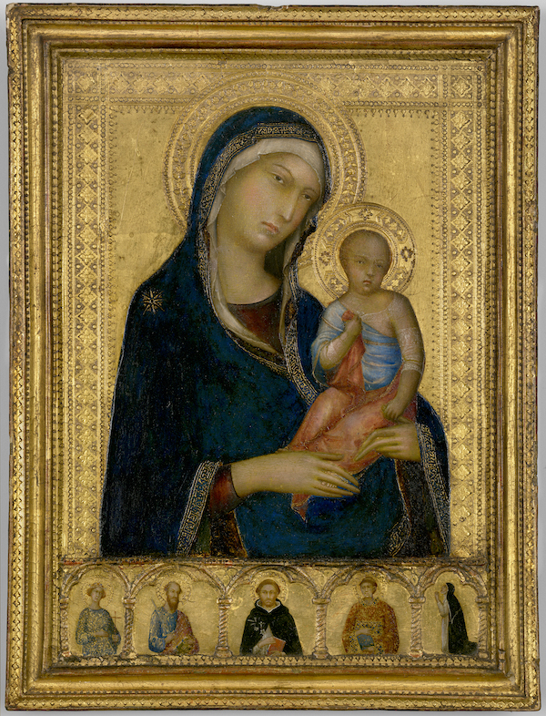 Simone Martini (c. 1284-1344, Italy), ‘Virgin and Child with Saints,’ about 1325. Tempera and tooled gold on panel with engaged frame, 33.4 by 25.4 by 4.4cm (13 1/8 by 10 by 1 3/4in.). Isabella Stewart Gardner Museum, Boston. 