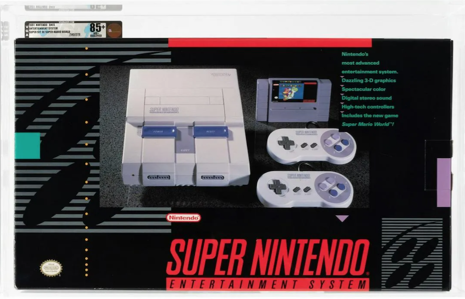 A Super Nintendo Entertainment System (NES), unused, boxed and offered with a Super Mario World game brought $10,148 in November 2021. Image courtesy of Hake’s Auctions and LiveAuctioneers.