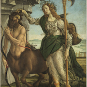 Sandro Botticelli (Italian, 1445-1510), ‘Pallas and the Centaur,’ circa 1482, probably tempera and oil (tempera grassa) on canvas. Le Gallerie degli Uffizi, Florence, inv. Depositi, no. 29. Image source: Uffizi Galleries