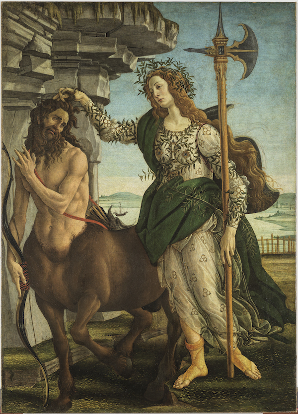 Sandro Botticelli (Italian, 1445-1510), ‘Pallas and the Centaur,’ circa 1482, probably tempera and oil (tempera grassa) on canvas. Le Gallerie degli Uffizi, Florence, inv. Depositi, no. 29. Image source: Uffizi Galleries