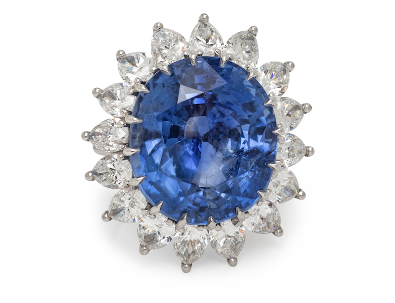 Ring centered on a 20.36-carat unheated Burmese sapphire, estimated at $100,000-$150,000