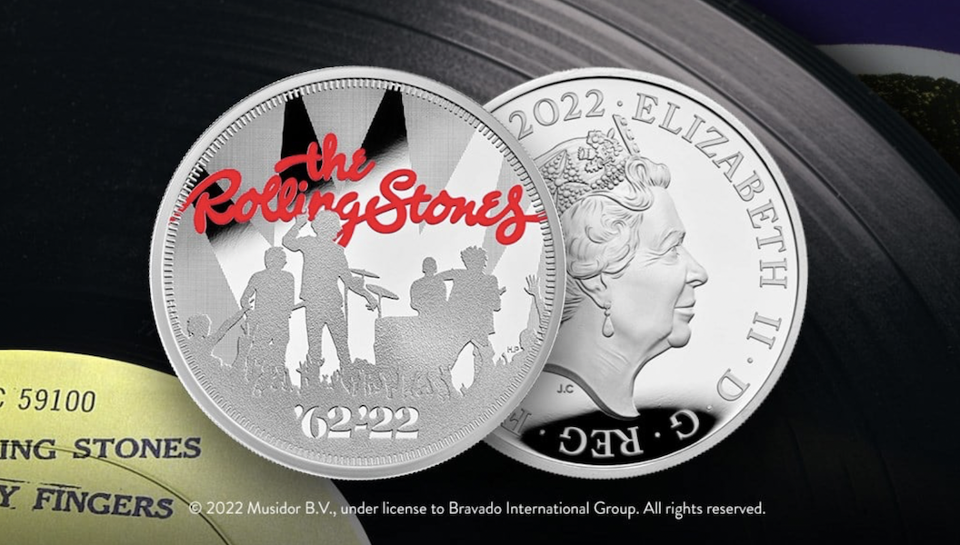 The British Royal Mint has created a commemorative coin to honor the Rolling Stones as they mark their 60th anniversary. Image courtesy of the Royal Mint; © 2022 Musidor B.V., under license to Bravado International Group. All rights reserved.