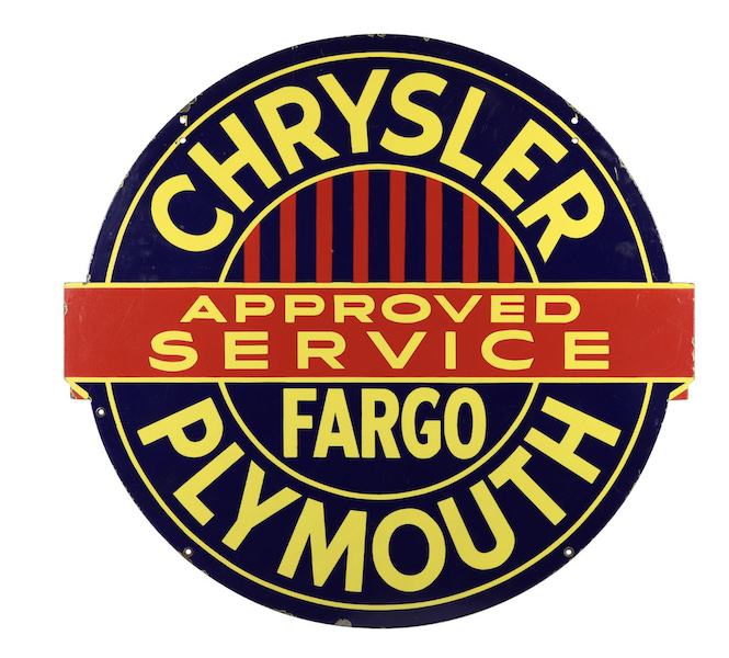 Chrysler Plymouth double-sided porcelain dealer sign, CA$29,500