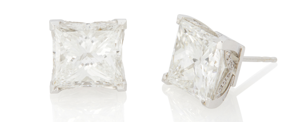 Pair of princess cut diamond stud earrings worn by Erika Jayne Girardi, $312,500