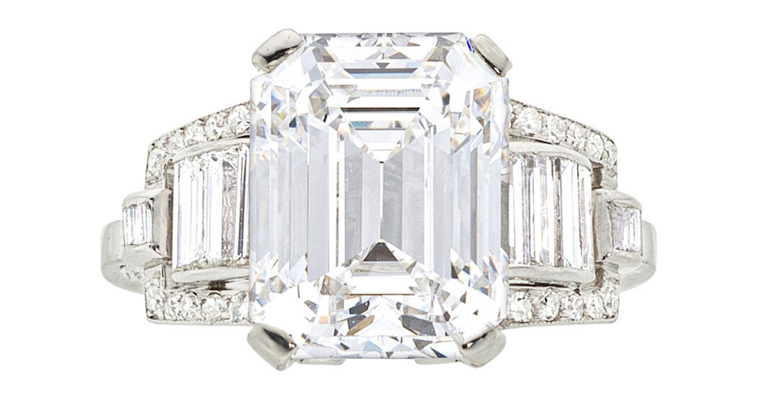Ring featuring a 5.51-carat emerald-cut diamond set in platinum, $162,500. Image courtesy of Heritage Auctions