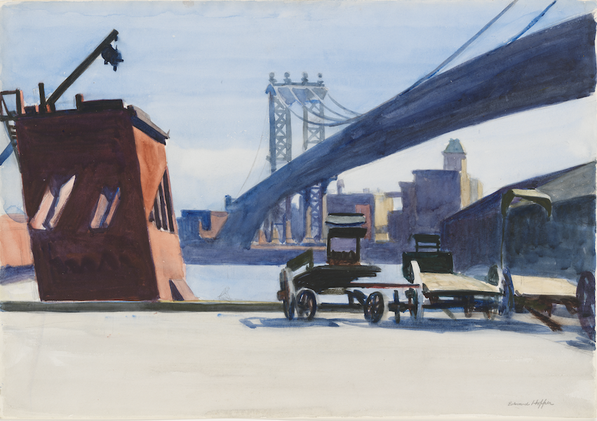 Edward Hopper, ‘Manhattan Bridge,’ 1925–26. Watercolor and graphite pencil on paper, 13 15/16 by 19 15/16in. (35.4 by 50.6cm). Whitney Museum of American Art, New York; Josephine N. Hopper Bequest 70.1098 © 2022 Heirs of Josephine N. Hopper / Licensed by Artists Rights Society (ARS), New York