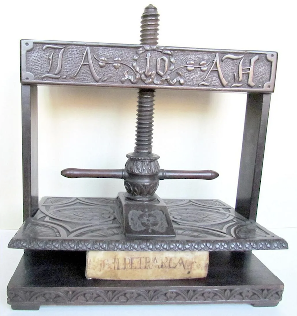Hand-carved rosewood book press dating to 1809, estimated at $2,000-$2,500