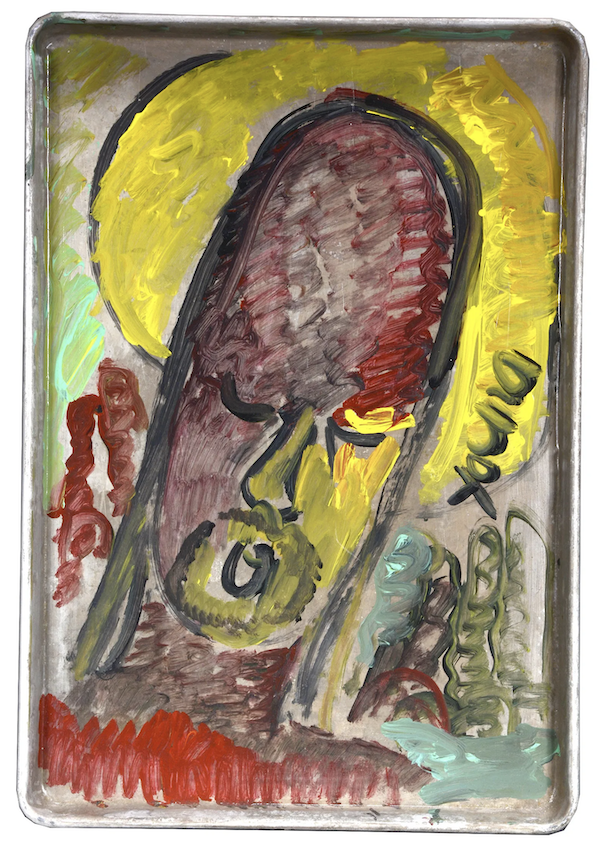 A painting on a found tray of a haloed saint, rendered and signed by the famed self-taught artist Purvis Young, earned $1,700 plus the buyer’s premium in August 2022. Image courtesy of Slotin Folk Art and LiveAuctioneers