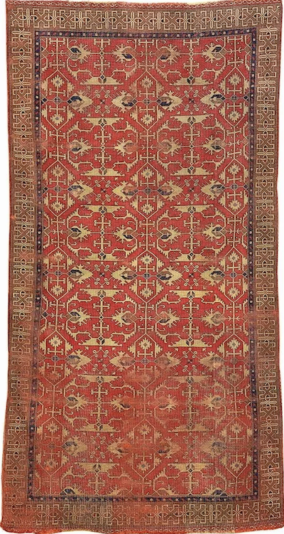 A 16th-century Lotto-Holbein Oushak rug earned €26,000 (about $27,500) plus the buyer’s premium in December 2016. Image courtesy of Henry’s Auktionshaus AG and LiveAuctioneers
