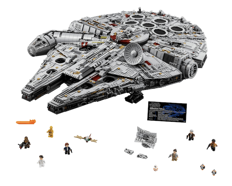 Lego’s famed Star Wars line is crowned by the Millennium Falcon, available for $849.99 – a sum that would defeat all but the most generous allowances. Nonetheless, the toy is so popular that Lego limits online purchases to two per buyer. Image courtesy of Lego