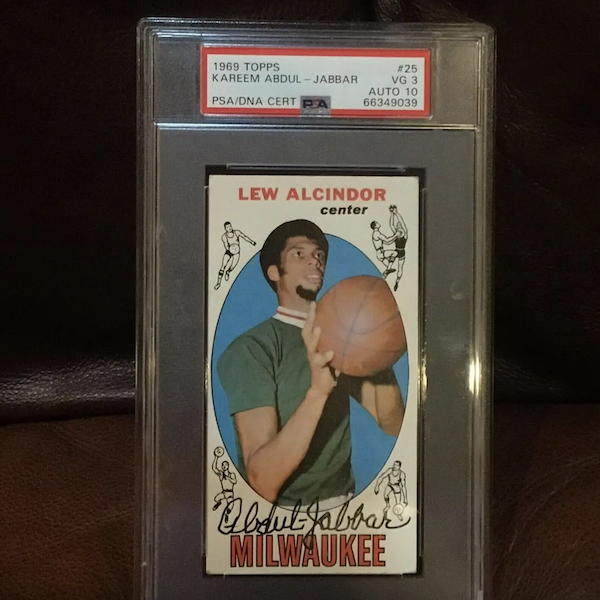 1969 Topps Lew Alcindor rookie basketball card, signed by the player as ‘Abdul-Jabbar,’ estimated at $3,500-$4,000