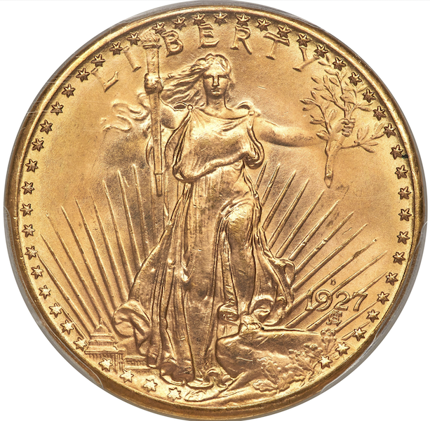 1927-D Double Eagle coin designed by Saint-Gaudens, $4.44 million. Image courtesy of Heritage Auctions