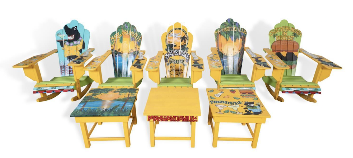 Eight pieces of Margaritaville whimsically painted outdoor furniture, given to Joel Katz by Jimmy Buffett, estimated at $3,000-$5,000
