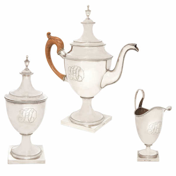 American Federal silver three-piece tea service by Christian Wiltberger, estimated at $1,200-$1,800