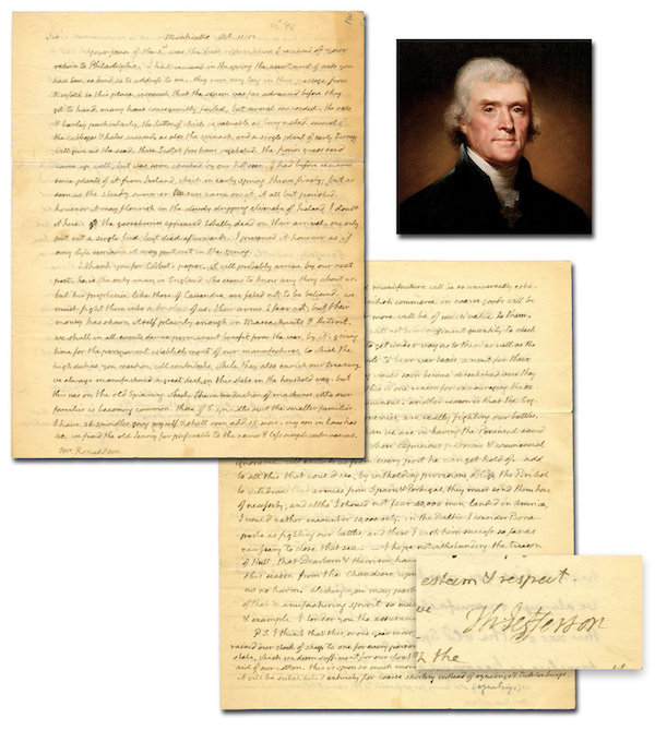 War of 1812-era autograph letter signed by Thomas Jefferson in which he derides Napoleon Bonaparte’s “capricious passions and commercial ignorance,” estimated at $35,000-$45,000