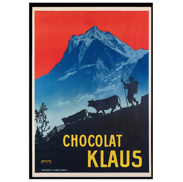 This 1905 poster for the Swiss chocolatier Klaus, depicting a mountain scene with dairy cows, achieved €2,000 (about $2,105) plus the buyer’s premium in March 2021. Image courtesy of Wormser Reklame-Auktion and LiveAuctioneers.