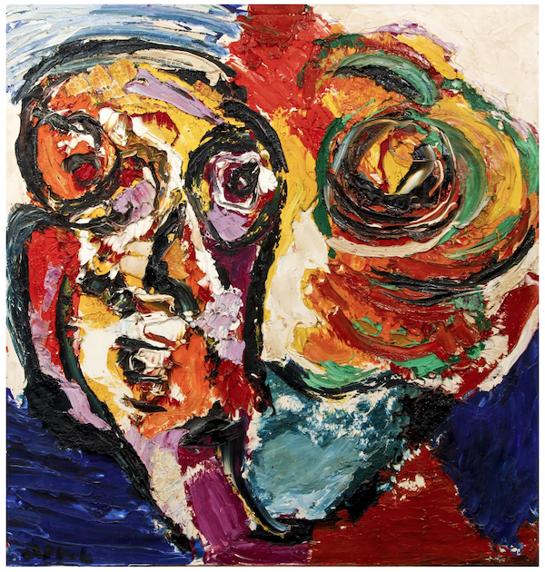 Karel Appel’s ‘Head With Flower,’ an exuberant 1967 oil on canvas, attained $85,000 plus the buyer’s premium in April 2021. Image courtesy of Concept Art Gallery and LiveAuctioneers.