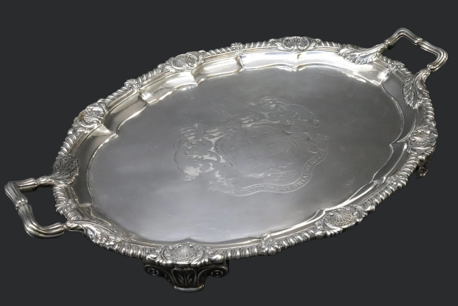 A Paul Storr George III tray, made in 1811, attained $15,000 plus the buyer’s premium in March 2021. Image courtesy of Litchfield Auctions and LiveAuctioneers.