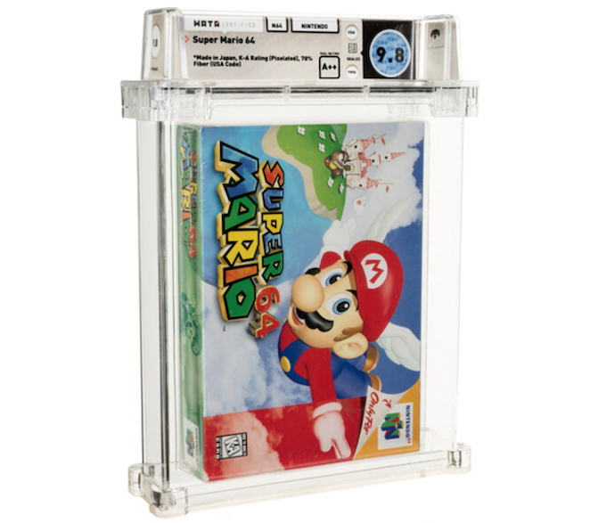 In July 2021, this sealed Super Mario 64 game cartridge from 1996 attained $1.56 million and set a new world auction record for a video game. Image courtesy of Heritage Auctions.