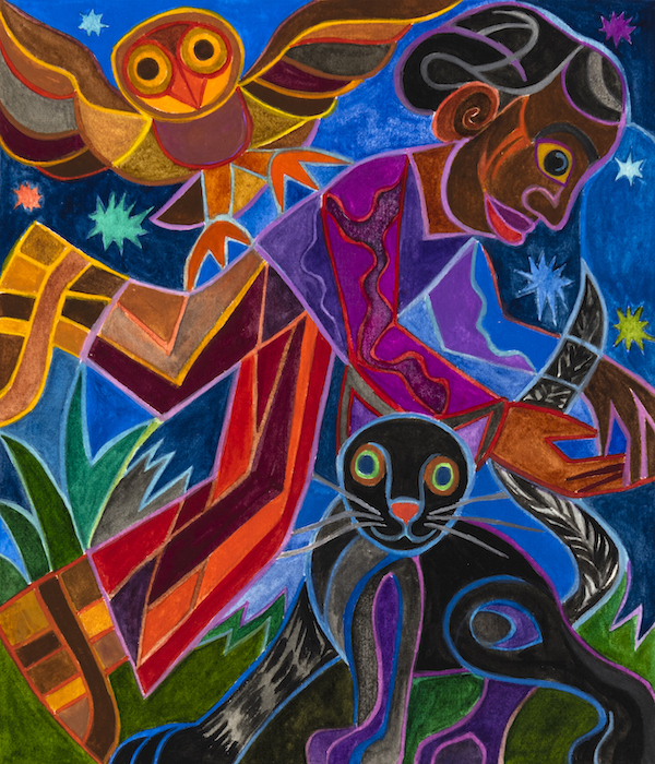 Ashley Bryan, illustration for The Night Has Ears: African Proverbs (Atheneum). Gift of the Ashley Bryan Center. © 1999 Ashley Bryan.