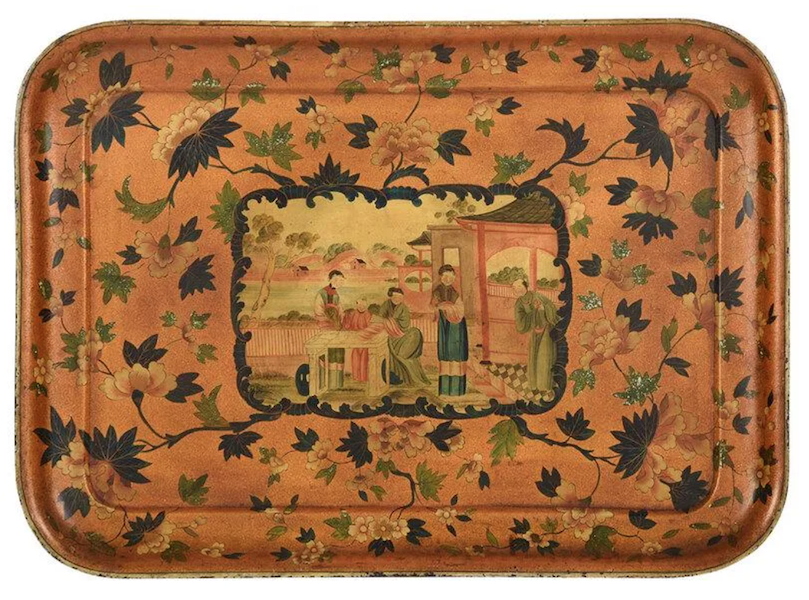 An English chinoiserie-decorated tole tray brought $3,000 plus the buyer’s premium in February 2021. Image courtesy of Brunk Auctions and LiveAuctioneers.