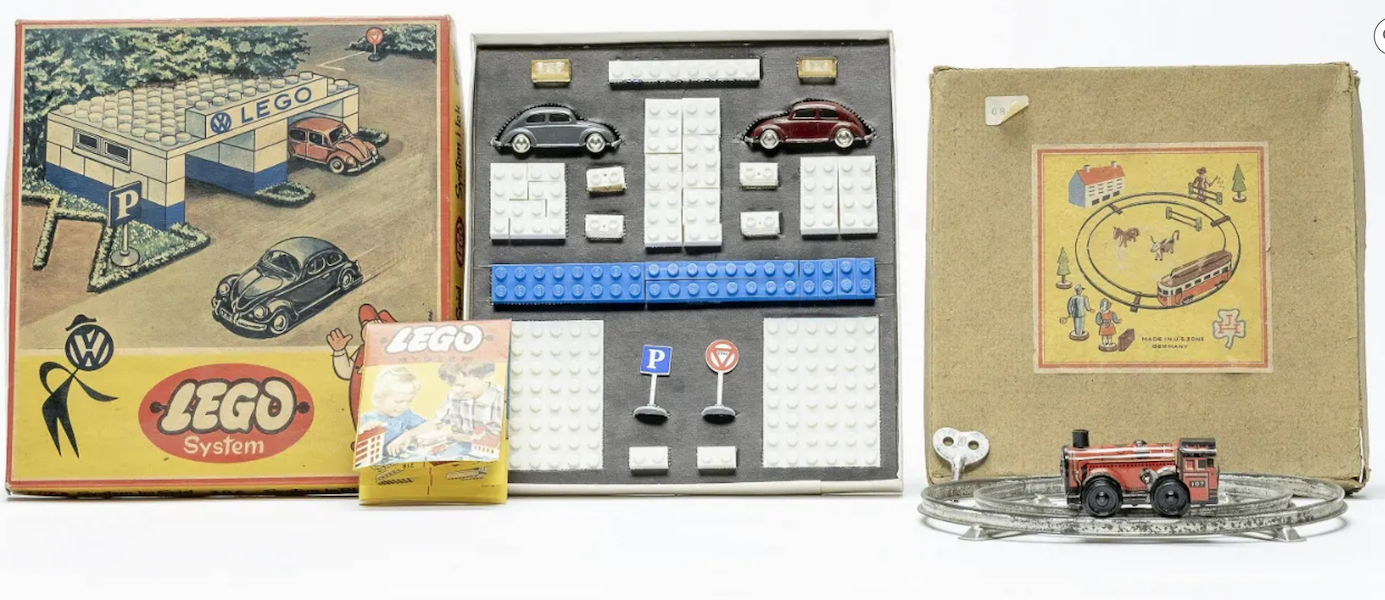 Dating to the 1940s-50s, a train set made in the US Zone of Germany, and a Volkswagen set, made in Holland, together realized $1,200 plus the buyer’s premium in September 2020. Image courtesy of The RSL Auction Company and LiveAuctioneers.