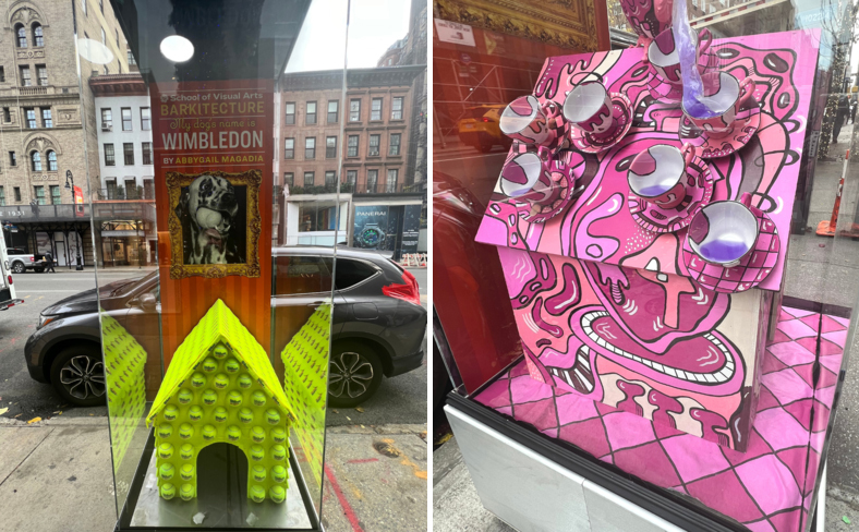 Left, ‘Wimbledon’ by Abigail Magadia; Right, ‘Alice’ by Mariana Cromeyer, two of 14 dog house-theme works in Barkitecture, an outdoor show created by School of Visual Arts (SVA) students. The display will be on view until January 3, 2023 along a section of Madison Avenue. Images courtesy of SVA, photo credit Jill Laurinaitis