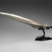 American Airlines Boeing 2707 SST model aircraft, circa 1970. Scale 1:72, plastic, metal, paint. Collection of Anthony J. Lawler, L2022.1702.002