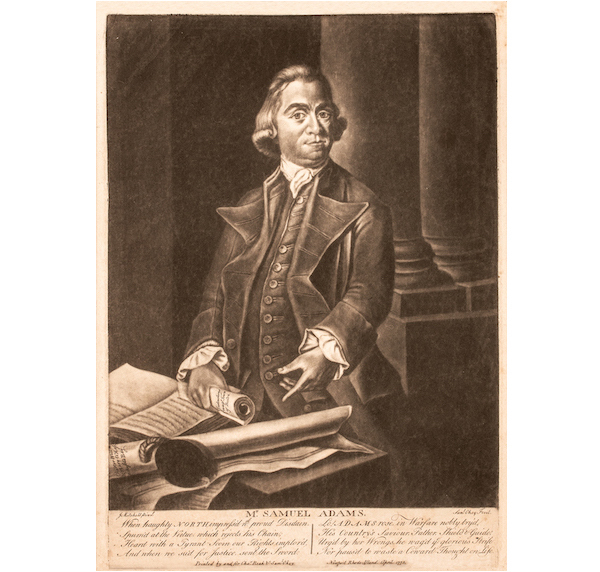April 1775 mezzotint print portrait of Samuel Adams, estimated at $12,000-$18,000
