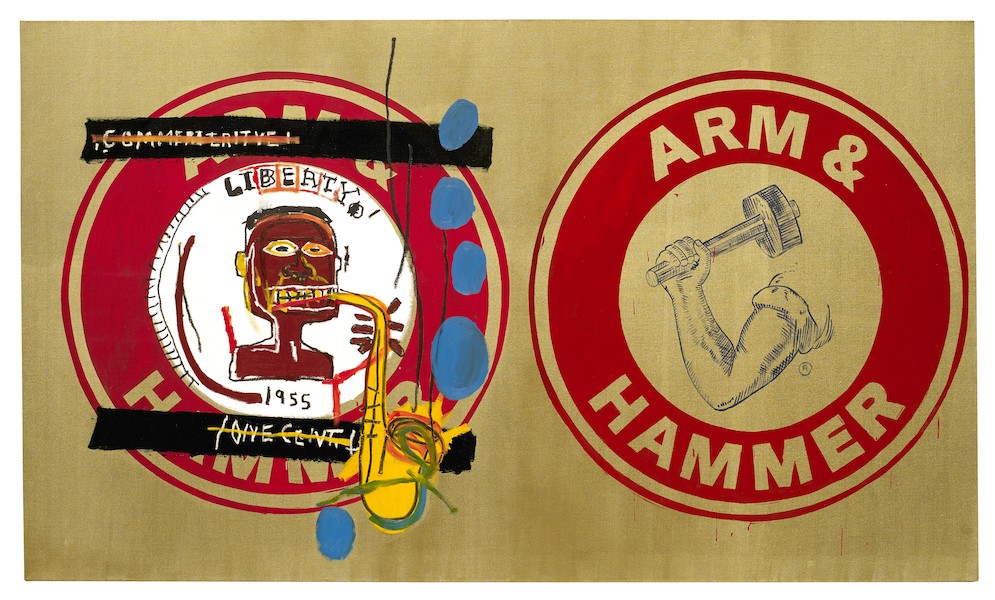 Jean-Michel Basquiat, ‘Arm and Hammer II,’ 1985. Acrylic on canvas, 193 by 285cm. Collection Bischofberger, Mannedorf-Zurich / Bischofberger collection, Mannedorf-Zurich. © Estate of Jean-Michel Basquiat, licensed by Artestar, New York. Photo credit: Courtesy Galerie Bruno Bischofberger, Mannedorf-Zurich 