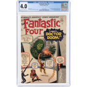 Copy of Marvel Comics Fantastic Four #5 from July 1962, including the first appearance of Doctor Doom, with a CGC grade of 4.0 VG, estimated at $5,000-$10,000