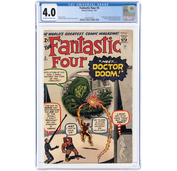 Copy of Marvel Comics Fantastic Four #5 from July 1962, including the first appearance of Doctor Doom, with a CGC grade of 4.0 VG, estimated at $5,000-$10,000 