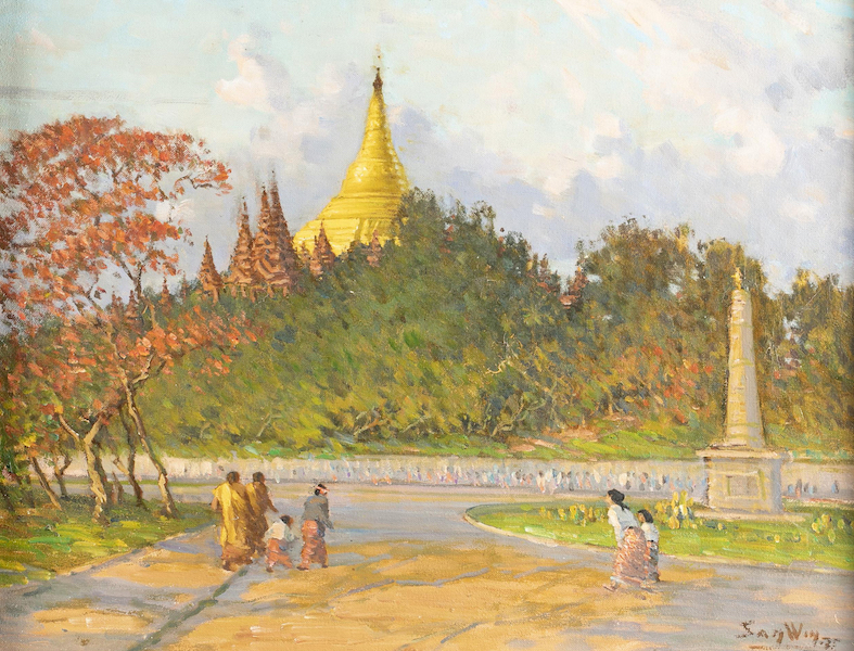 Oil-on-canvas painting by U San Win (Burmese, 1905-1981), titled ‘View of Shwedagon Pagoda,’ 1975, signed and dated, 15½in x 20½in. Estimate: $7,000-$9,000. Image courtesy of Quinn’s Auction Galleries