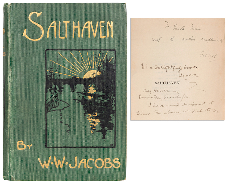 First edition presentation copy of ‘Salthaven’ by W.W. Jacobs, inscribed to Samuel Clemens, aka Mark Twain, estimated at $25,000-$35,000
