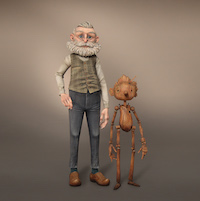 Mackinnon & Saunders. Geppetto and Pinocchio Production Puppets, 2019-2020. Geppetto: steel, foam latex, silicone, resin, fabric, fiber, plastic. 4 by 4 ¾ by 14in (10.2 by 12.1 by 35.6cm). Pinocchio: 3D printed resin, 3D printed steel, steel, silicone, paint. 4 by 3 by 9.in (10.2 by 7.6 by 24.1cm). ‘Guillermo del Toro’s Pinocchio,’ 2022. Image courtesy Netflix
