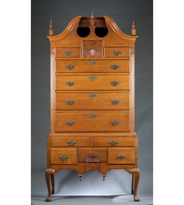 Circa 1760-1790 Connecticut cherry highboy, 85in x 40¼in, raised on cabriole legs and having period pulls and escutcheons. Estimate: $6,000-8,000. Image courtesy of Quinn’s Auction Galleries
