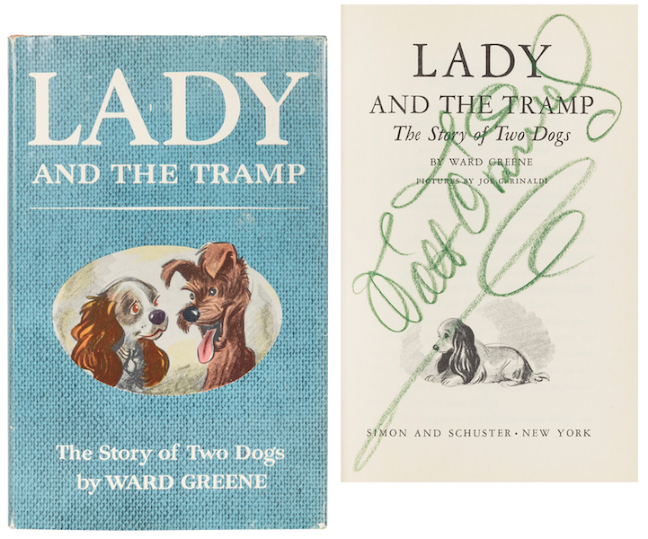 First edition of Ward Greene’s ‘Lady and the Tramp,’ signed by Walt Disney and four of the Nine Old Men, estimated at $5,000-$8,000