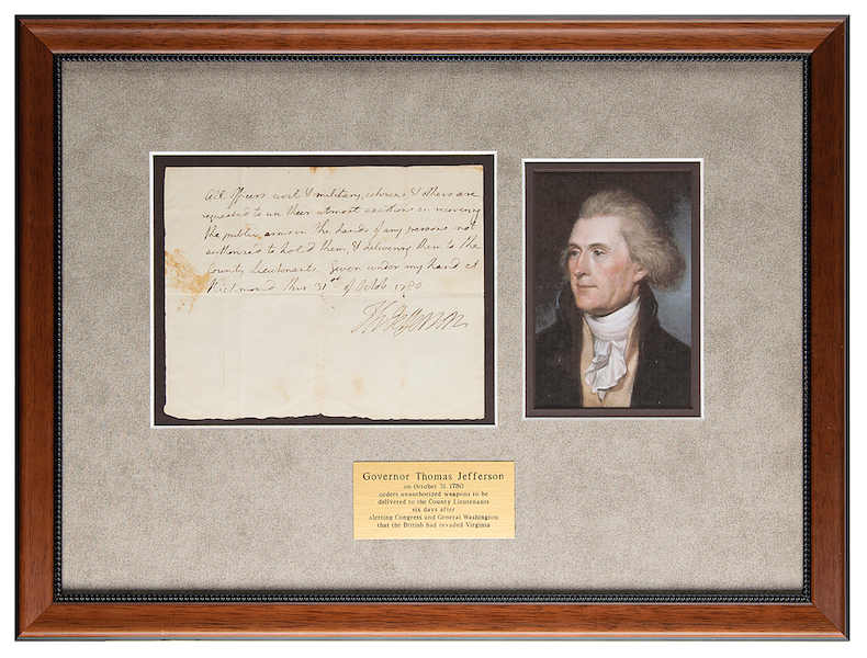 Thomas Jefferson letter from 1780, signed while he served as governor of Virginia, estimated at $15,000-$25,000