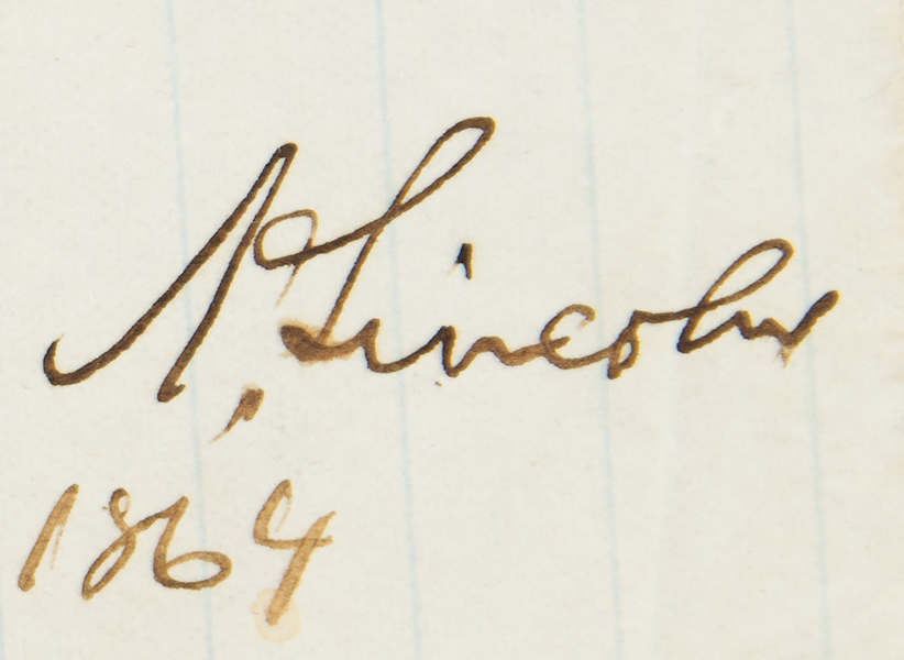 Detail of two-page endorsement signed by President Abraham Lincoln, recommending the promotion of a wounded Union captain, estimated at $15,000-$20,000