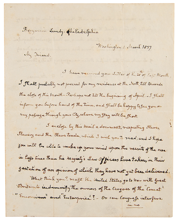 Single-page 1837 John Quincy Adams letter to abolitionist Benjamin Lundy, with content on slavery, estimated at $40,000-$60,000