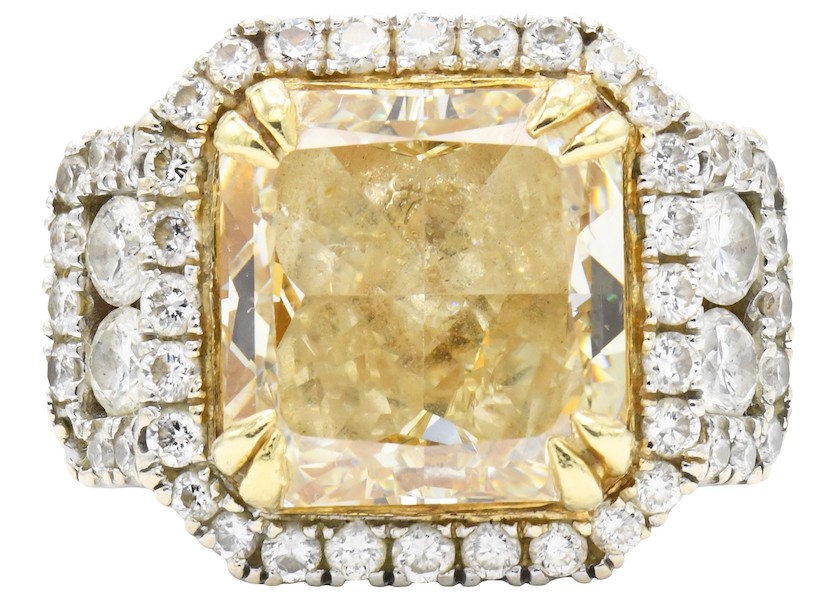 18K white gold, yellow gold and diamond ring featuring a Fancy Intense yellow square radiant cut 12.04-carat diamond, estimated at $30,000-$50,000