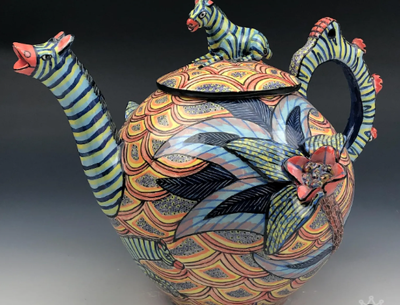 A unique Zebra-Orchid lidded teapot by Ardmore Ceramic Studio Pottery, which reflects the flora and fauna of South Africa, garnered $400 plus the buyer’s premium in September 2021. Image courtesy of MiddleManBrokers Inc. and LiveAuctioneers