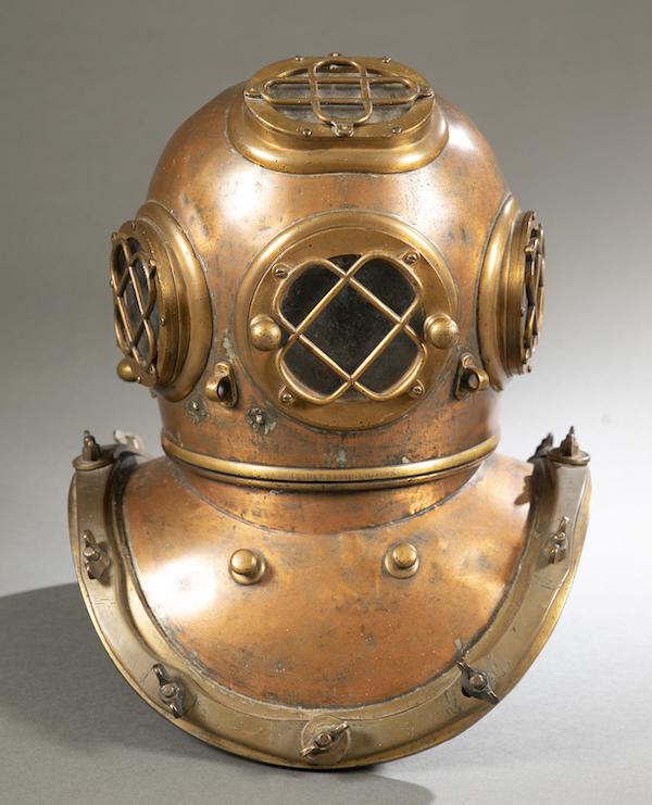 Circa 1896-1905 A Schrader’s Son diving helmet, copper and brass, a 12-bolt, four-light helmet marked on the neck ring ‘A. Schrader’s Son New York.’ Estimate $4,000-$6,000. Image courtesy of Quinn’s Auction Galleries