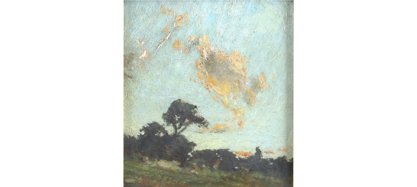 Untitled oil-on-board landscape painting by Elliott Daingerfield (NC, 1859-1932) with trees silhouetted against a twilight sky. Artist-signed lower left. Estimate $2,000-$3,000. Image courtesy of Quinn’s Auction Galleries