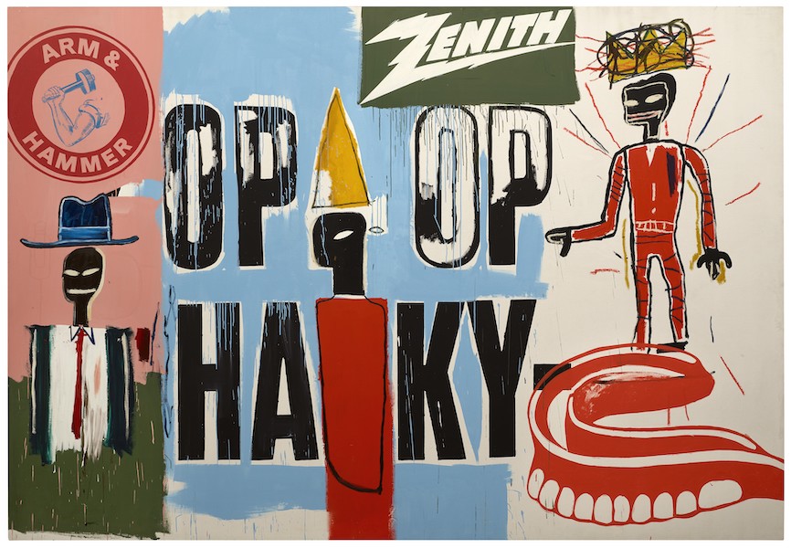 Jean-Michel Basquiat and Andy Warhol, ‘OP OP,’ 1984. Acrylic on canvas, 287 by 417cm. Collection Bischofberger, Mannedorf-Zurich / Bischofberger collection, Mannedorf-Zurich. © Estate of Jean-Michel Basquiat, licensed by Artestar, New York; © The Andy Warhol Foundation for the Visual Arts, Inc. / Licensed by ADAGP, Paris 20. Photo credit: Courtesy of Bischofberger collection, Mannedorf-Zurich 