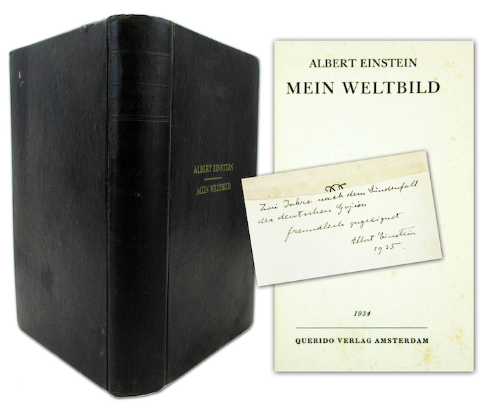 Albert Einstein signed and inscribed 1934 first edition copy of ‘Mein Weltbild,’ aka ‘The World As I See It,’ estimated at $12,000-$14,000