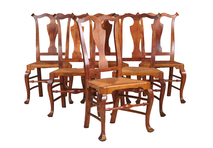 Coles-Tomlinson set of six Queen Anne maple rush seat dining chairs, attributed to William Savery, Philadelphia, circa 1750-1780, estimated at $20,000-$40,000