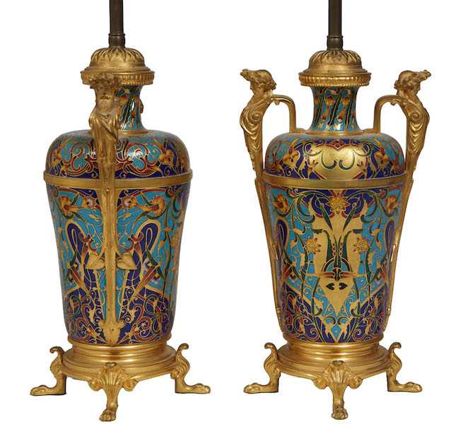 Pair of F. Barbedienne champleve and gilt bronze covered urns, estimated at $1,000-$2,000