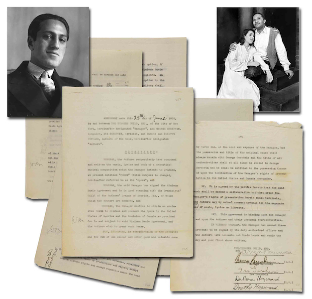 Original seven-page typed agreement signed by George and Ira Gershwin and others, granting the Theatre Guild of New York the rights to produce ‘Porgy and Bess’ for the first stage performance in 1935, estimated at $15,000-$20,000